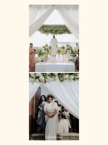 A diptych showing the groom waiting and the bride's grand entrance, building the anticipation and story of the ceremony.