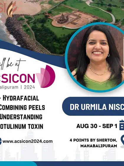 This poster announces my participation as a speaker at ACSICON 2024 in Mahabalipuram. I was excited to share my expertise on HydraFacial, combining peels, and understanding Botulinum Toxin with my peers.