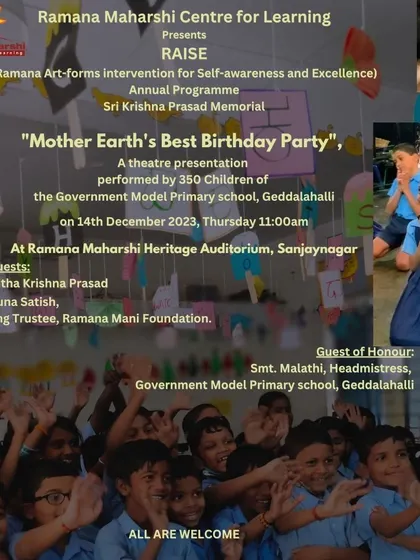 A duplicate of the poster for the "Mother Earth's Best Birthday Party" production, showcasing the happy faces of the student participants.