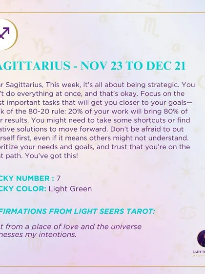 This week's tarot guidance for Sagittarius. The message is about being strategic and focusing on the 20% of your work that will bring 80% of your results.