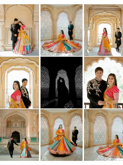 A beautiful collage of Shekar and Shreyarani at Amer Fort. The bride's multi-colored lehenga creates a stunning visual, especially in the twirling and silhouette shots.