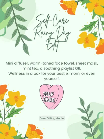 A "Self-Care Rainy Day Edit" idea, with a mini diffuser, mint tea, a sheet mask, and a QR code to a soothing playlist.