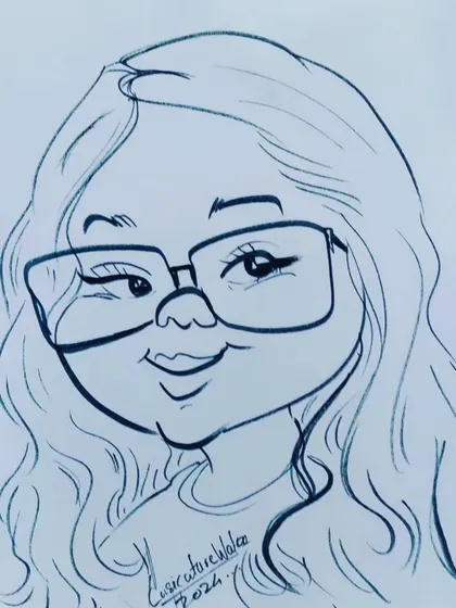 A brand new drawing. This caricature of a woman with long hair and glasses has a sweet, gentle look.