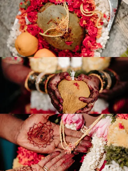 A collage focusing on the sacred details of a Hindu wedding ceremony, including the coconut, mehandi, and the tying of the sacred thread.