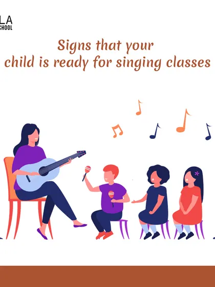 An illustration showing a teacher and students in a music class. I help parents identify the signs that their child is ready for formal singing classes.