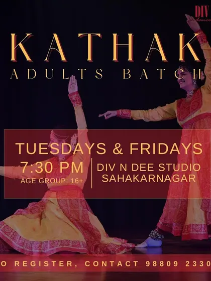 Join our Kathak adults batch and discover the joy of this elegant dance form. Classes are held on Tuesdays and Fridays at our Sahakarnagar studio. All levels are welcome!