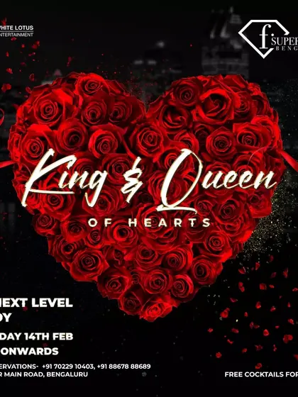 The official poster for the 'King & Queen of Hearts' Valentine's Day party. The heart made of roses perfectly sets the romantic theme for the night.