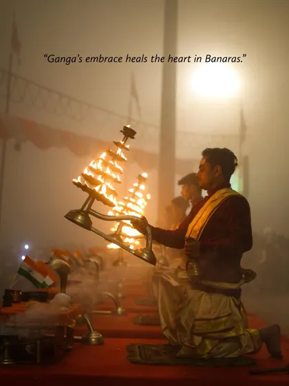 A collection of images from the Ganga Aarti ceremony at different ghats. They showcase the synchronized movements, the brilliant fire, and the spiritual atmosphere of the evening prayer.