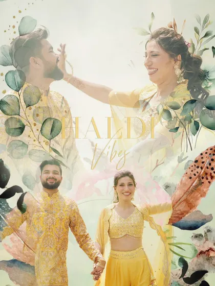 An artistic collage celebrating the couple's "Haldi Vibes." I combined photos with watercolor-style graphics to create a unique and personalized piece of art for them.