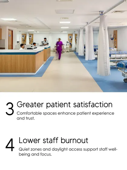 This image from a dialysis ward highlights how we design for patient satisfaction and lower staff burnout. The organized layout, comfortable patient stations, and access to daylight support the well-being of everyone in the space.