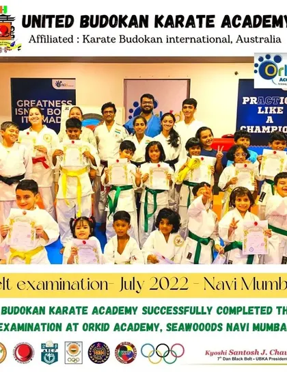A group photo following a successful belt examination at our Navi Mumbai dojo in July 2022. Students of various ages and belt levels proudly hold their new certificates, marking their progress in karate.