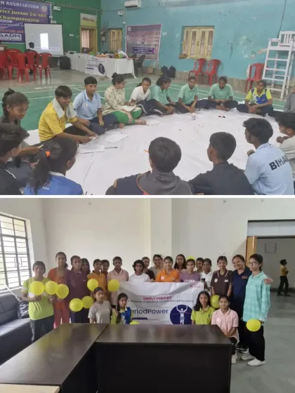 Holding yellow balloons to symbolize happiness and positivity, young athletes in Bihar pose after a 'Simply Periods' workshop. Our goal is to make learning about menstrual health an empowering and positive experience.