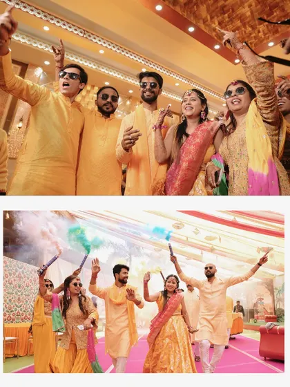 A collage capturing the fun and energy of the Haldi celebration, with the couple and their friends dancing with color smoke sticks.