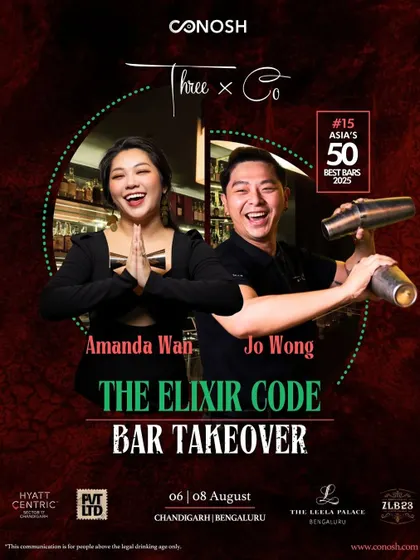 Bringing Malaysian magic to India. This poster announces the two-city tour of ThreeXCo, ranked #15 on Asia's 50 Best Bars, with events in Chandigarh and Bengaluru led by award-winning mixologist Amanda Wan.