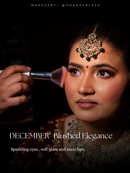 This is the "Blushed Elegance" look. It features sparkling eyes, soft glam makeup, and nude lips, a timeless and popular style for modern brides.