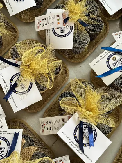 An overhead view of beautifully wrapped eco-friendly cup sets, ready for a corporate Diwali giveaway.