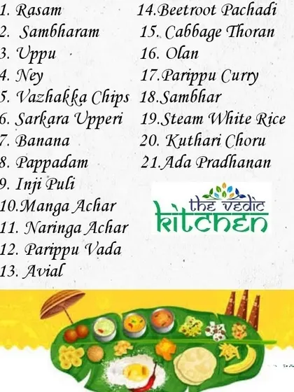 The menu for my special Onam Sadhya, featuring 21 authentic, plant-based Keralan dishes served traditionally.
