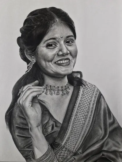 A beautiful example of a commissioned solo portrait. I use graphite and pencil to create soft tones and intricate details, from the pattern on the saree to the delicate jewelry, resulting in a timeless and personal piece of art.