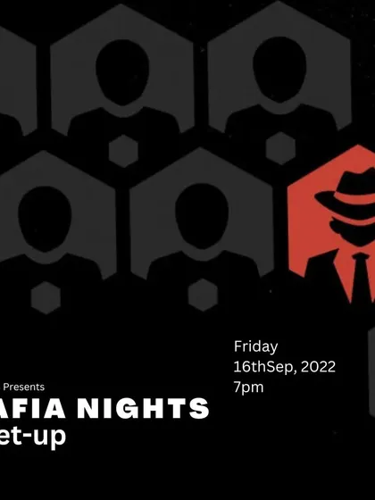 A flyer for our "Mafia Nights Meet-up," inviting you to spend a Friday night solving a mystery with new friends.