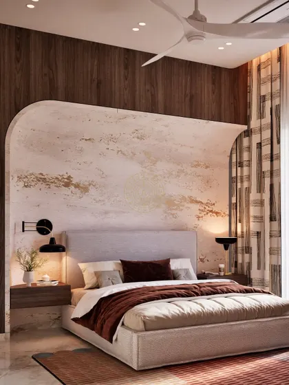 This guest bedroom render features an arched headboard against a textured wall with gold leaf accents. The design balances earthy tones with modern, clean lines for an elegant feel.