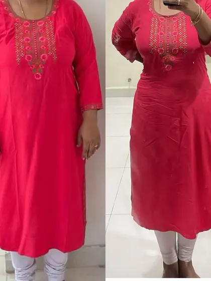 A full-body before and after of the same client who lost 10kg. She is visibly slimmer and more confident in her pink kurta, showing a real-life transformation.