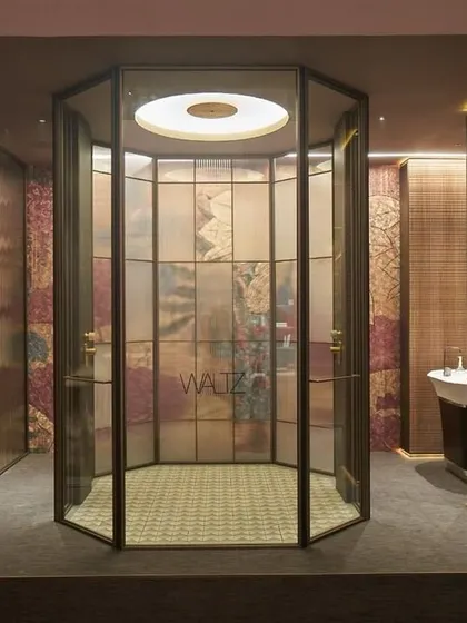 For the WALTZ 2024 exhibit at India Design Week, the focal point was a luxurious glass shower cubicle. The design of the pavilion creates a sophisticated, intimate setting that highlights the product's innovative features and elegant form.