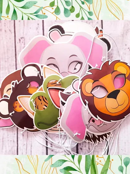 A collection of fun animal masks, including an elephant, lion, monkey, and tiger. These are a great addition to any jungle-themed party for imaginative play.