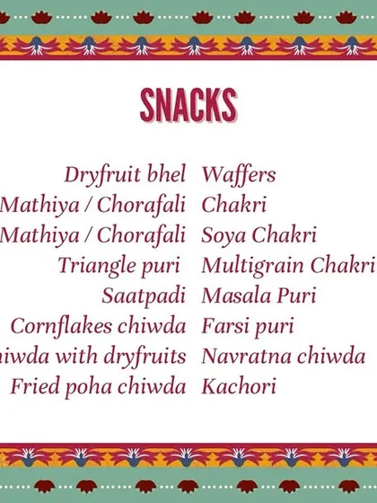 Here is a quick look at the variety of savory snacks I offer. From different types of chakri and puri to various chiwdas, there's a crunchy treat for everyone.
