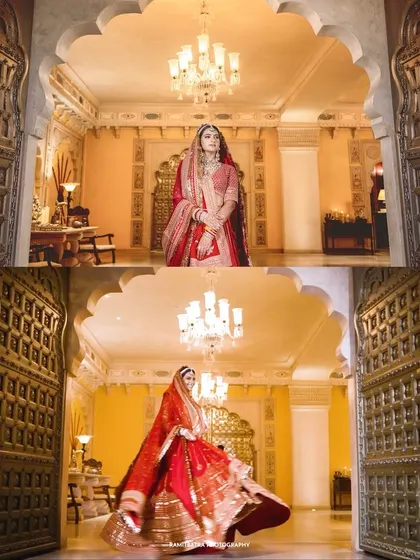 A bride twirls in her red lehenga inside a royal suite at Fairmont Jaipur, framed by ornate golden doorways.