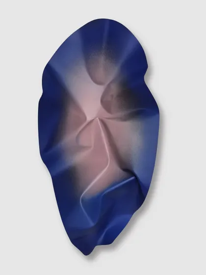 A smaller piece from the Meteor series, M138, where soft gradients of blue and pink are airbrushed onto the steel to create a calm, ethereal effect.