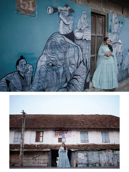 This collage places the bride against unique urban art and architecture, creating a fusion of tradition and contemporary style.