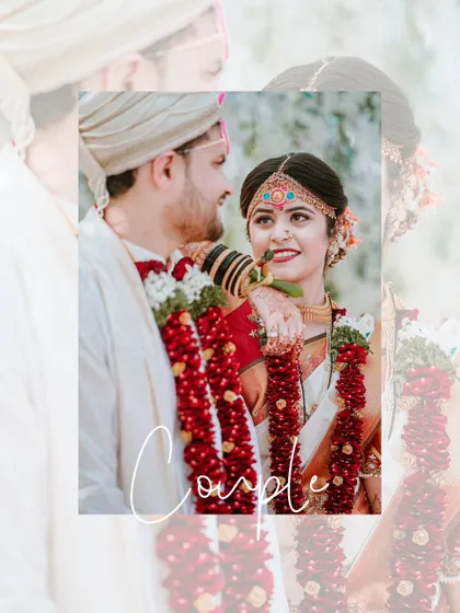 A classic couple portrait from a South Indian wedding, capturing their happy smiles and traditional attire.