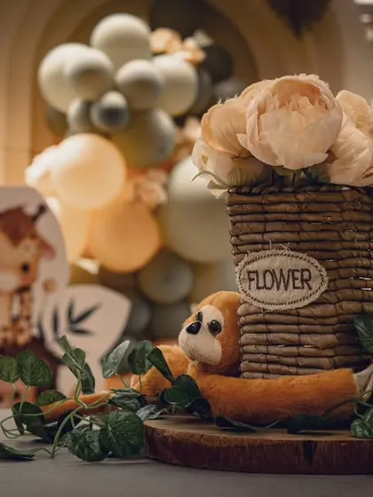 A close-up of the "Wild ONE" theme, showing the cute, plush animal details and earthy textures that make the setup feel cozy and special.