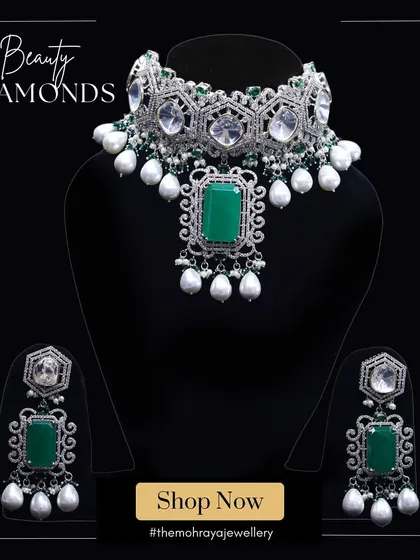 A graphic advertising our "Beauty Diamonds" collection, featuring the stunning emerald and pearl choker set.