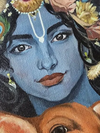 A close-up of Krishna's face from my Janmashtami painting.