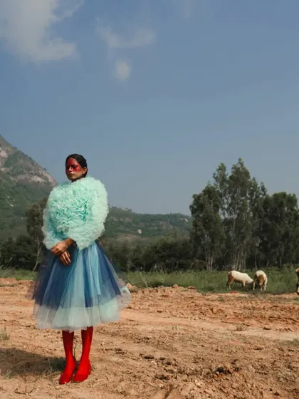 A wide shot from the 'SERPENTINE' editorial, placing the avant-garde styling in a vast, almost barren landscape. This was a deliberate choice to heighten the sense of surrealism and isolation central to the concept.