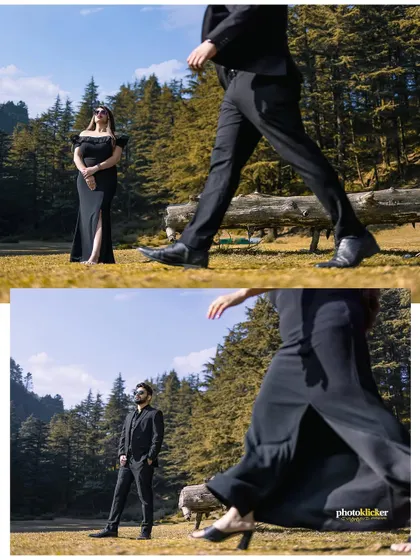 A creative collage with low-angle and walking shots of a couple in matching black outfits, set against a backdrop of a pine forest.
