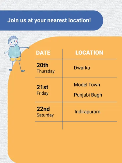 More opportunities to join us in Delhi! We'll be in Dwarka, Model Town, Punjabi Bagh, and Indirapuram. Register now to learn all about our holistic brain development program.