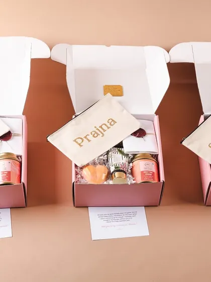 A lineup of our personalized pink bridesmaid proposal boxes for Umme, Prajna, and Shweta. We love helping brides assemble their bride tribe.