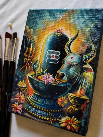 Another perspective of the finished Mahadev artwork. I always paint the edges of my canvases so they are ready to hang without a frame.