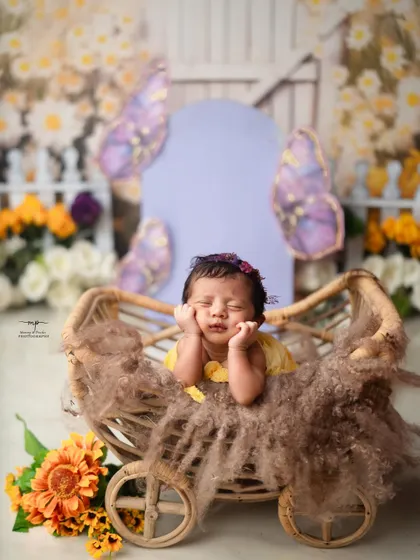 A sweet dreamer with her hands framing her face, nestled in a wicker pram in our sunny butterfly garden setup.