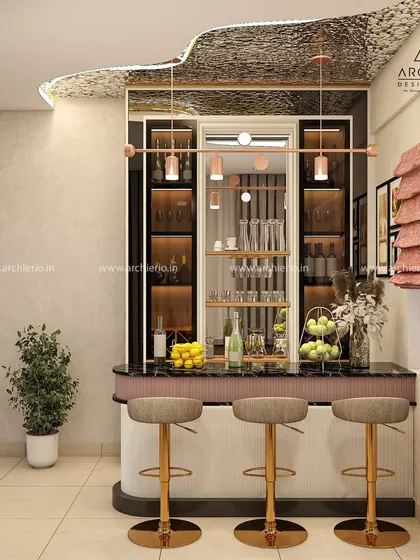 Another view of the bespoke bar unit, highlighting the unique textured ceiling and rose gold light fixture. Every detail is tailored to create a one-of-a-kind space.