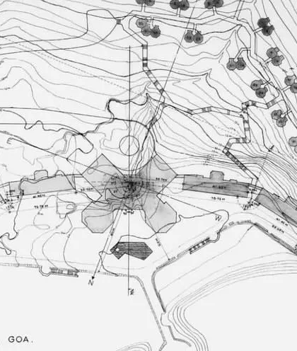 The original site plan for the Fort Aguada Beach Resort in Goa from 1973. This archival drawing shows my early commitment to context-responsive design, where the hotel's layout follows the natural contours of the coastal terrain to preserve the logic of the landscape.