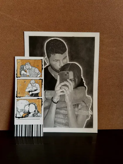Here’s a great example of a combined custom order. I created a detailed graphite and charcoal portrait alongside one of my signature coffee-painted photo strips. It shows how we can mix different art styles to create a truly complete and personal gift package.
