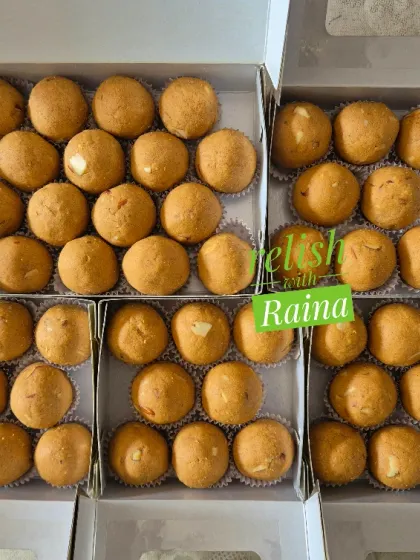 Multiple boxes of Besan Laddoos ready for Diwali. I can customize them to be soft, with or without nuts, to suit every preference.