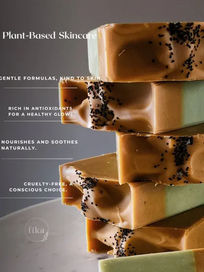 A simple cleanse, a beautiful difference. This stack of two-toned, poppy-seed-topped soaps demonstrates my gentle formulas. They are rich in antioxidants, cruelty-free, and designed to nourish and soothe naturally.