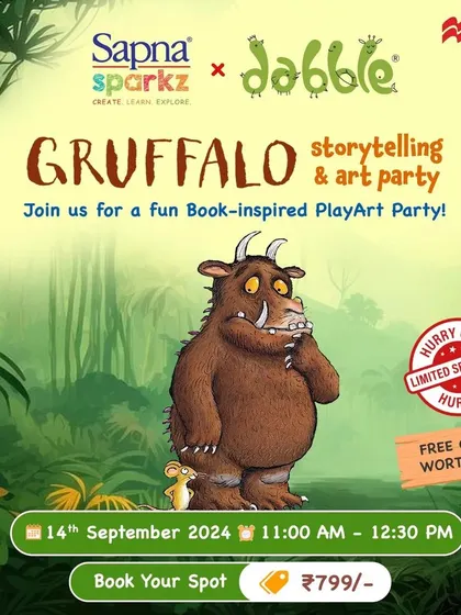 The official poster for our Gruffalo Storytelling & Art Party! This book-inspired event for ages 3+ comes with free goodies and is always a sell-out.