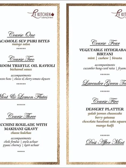 An example of a five-course sit-down menu we designed, showcasing a journey from guacamole bites to a decadent dessert platter.