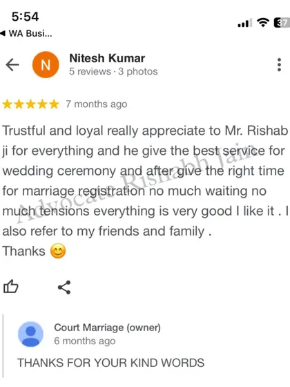 A client describes my service as "trustful and loyal," appreciating the lack of tension and waiting time for their wedding ceremony and marriage registration. I am happy they would refer me to friends and family.