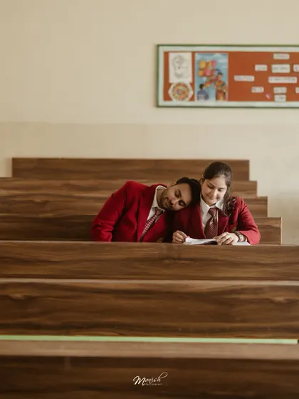 A sweet, quiet moment of rest on a classroom bench, symbolizing the comfort and support they've always found in each other.
